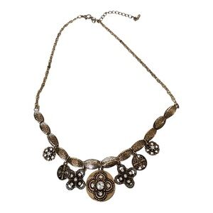 Retro Style Boho Charm Necklace Antiqued Gold & Silver Tones Rhinestone Dangles